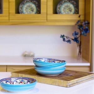 Euro Ceramic Zanzibar Pasta Bowls Set of Eight Spanish Style Floral Stoneware